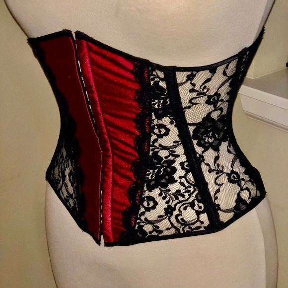 Vtg. 90's Shirley Red Satin & Black Lace Underbust Corset - Small - Picture 4 of 13